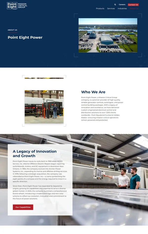 Страница о компании Point Eight Power, тематика — Производство, цвета — Белый, Черный, Серый, стиль — Корпоративный, типографика — Без засечек