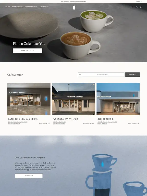 Контакты Blue Bottle Coffee, тематика — Еда и напитки, цвета — Белый, Серый, стиль — Минимализм, типографика — Без засечек