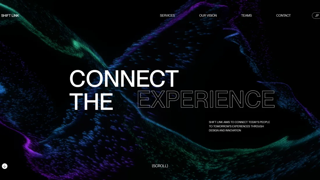 Секция «Первый экран» с сайта https://shiftlink.tech/en, тематика — Дизайн, цвета — Черный, стиль — Фестивальный, Полигональный, типографика — Без засечек