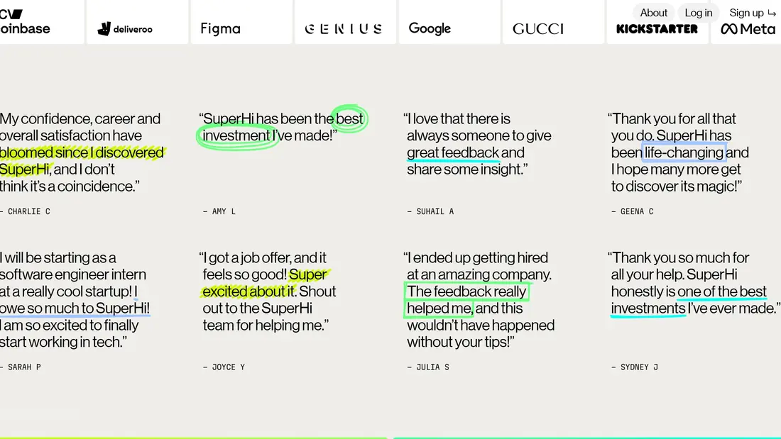 Секция «Отзывы» с сайта https://www.superhi.cv/, тематика — Образование, цвета — Белый, Серый, стиль — Минимализм, типографика — Без засечек