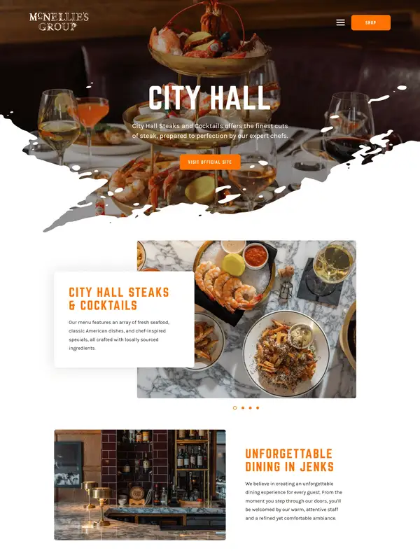 Многостраничный сайт McNellie's Restaurant Group, тематика — Еда и напитки, цвета — Белый, Черный, Серый, стиль — Классический, Карточный, типографика — Без засечек, Декоративные