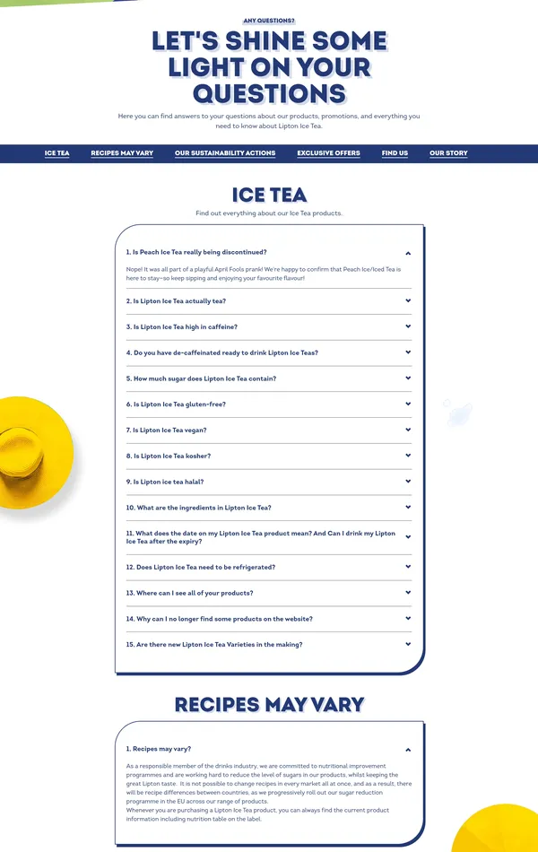 База знаний Lipton, тематика — Еда и напитки, цвета — Белый, Серый, стиль — Корпоративный, типографика — Без засечек