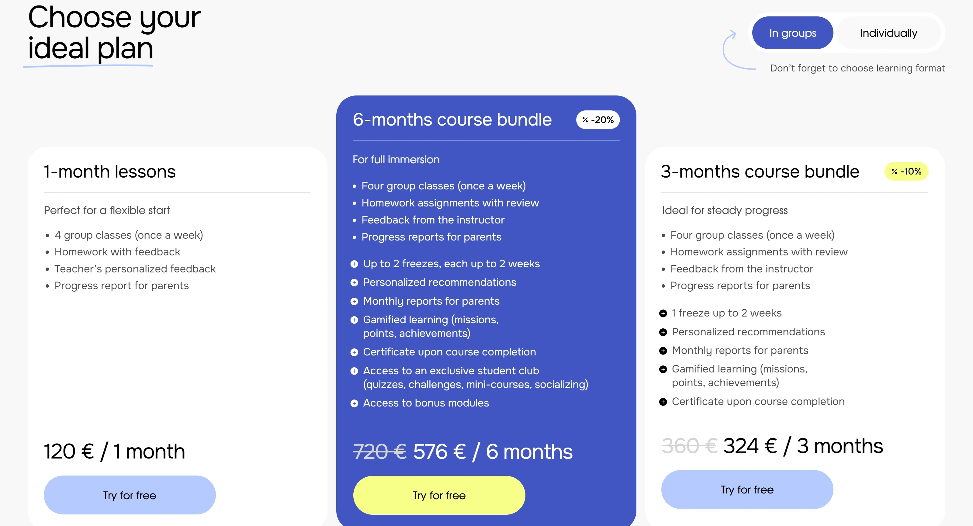 LEVEL UP Секция «Цены» с сайта https://level-up-school.tilda.ws/, тематика — Образование, цвета — Белый, Серый, Синий, стиль — Минимализм, типографика — Без засечек