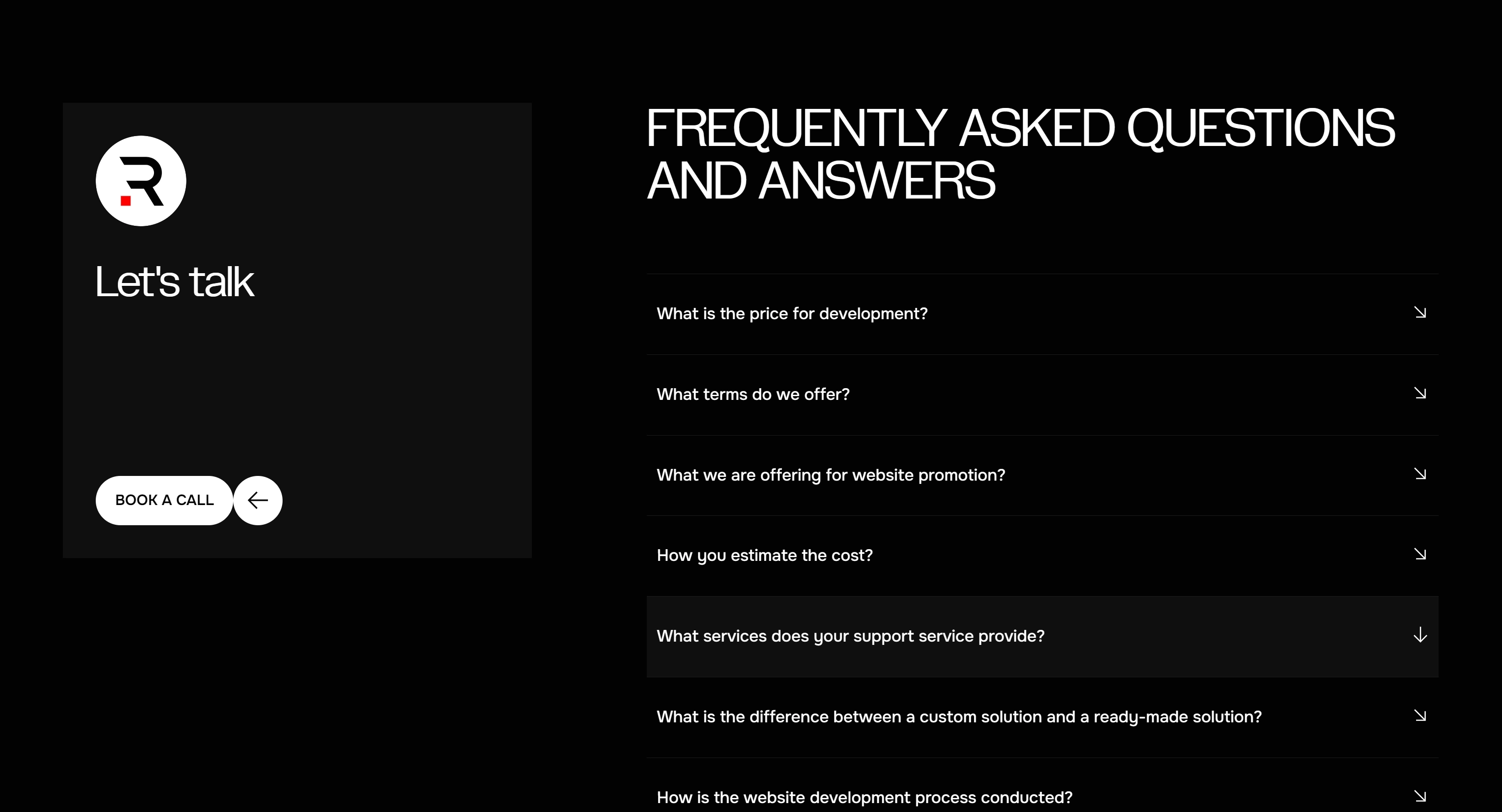 Redstone Software Секция «FAQ» с сайта https://redstone.software/, тематика — IT и программное обеспечение, цвета — Черный, стиль — Минимализм, типографика — Без засечек