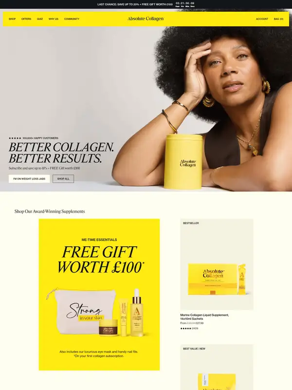 Лендинг Absolute Collagen, тематика — Здоровье и фитнес, цвета — Белый, Желтый, стиль — Корпоративный, Минимализм, типографика — Без засечек
