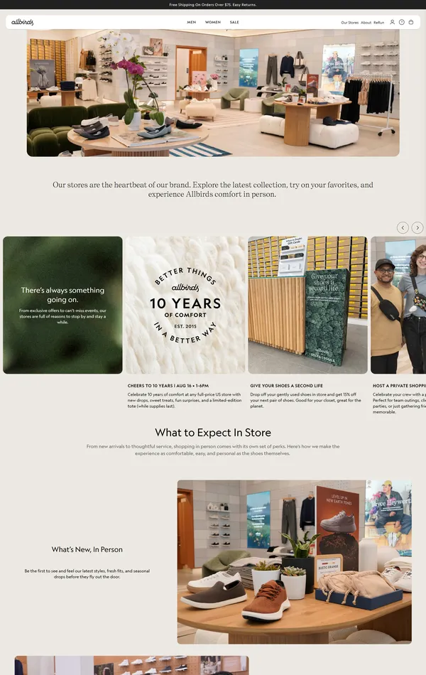 Страница о компании Allbirds, тематика — Розничная торговля, Одежда, цвета — Белый, Серый, стиль — Корпоративный, типографика — Без засечек