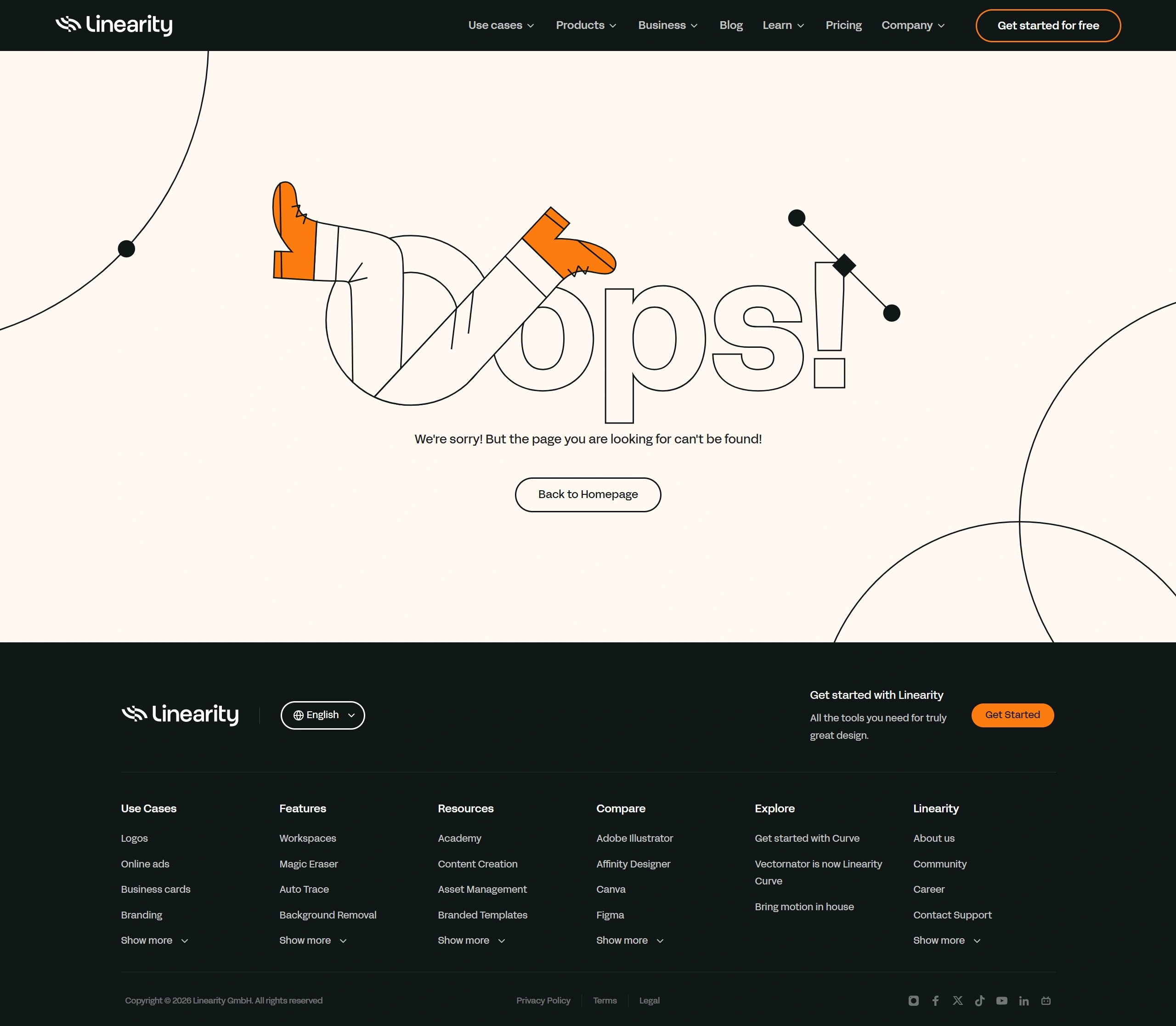 Linearity 404-страница Linearity, тематика — Дизайн, цвета — Белый, Черный, стиль — Корпоративный, Минимализм, типографика — Без засечек
