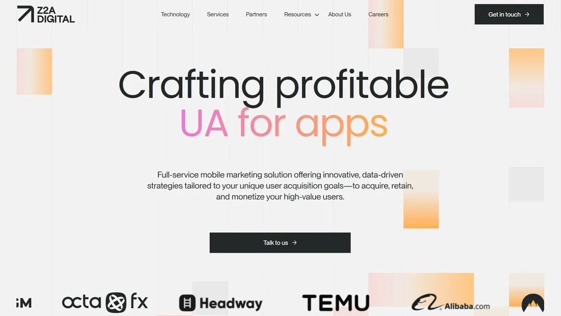 Секция «Первый экран» с сайта https://www.z2adigital.com/, тематика — Маркетинг, цвета — Белый, стиль — Корпоративный, Минимализм, типографика — Без засечек