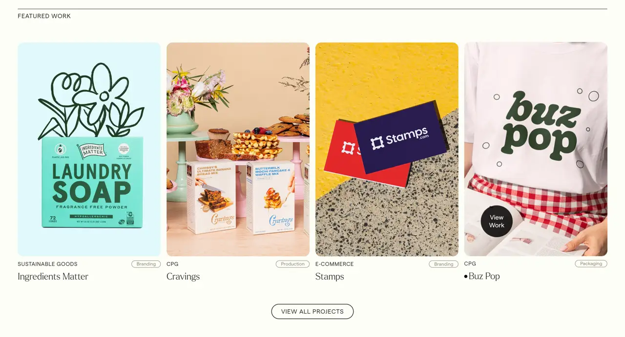 Секция «Портфолио» с сайта https://www.slowdowncreative.com/, тематика — Дизайн, цвета — Белый, Серый, стиль — Минимализм, Органический и природный, типографика — Без засечек, Декоративные