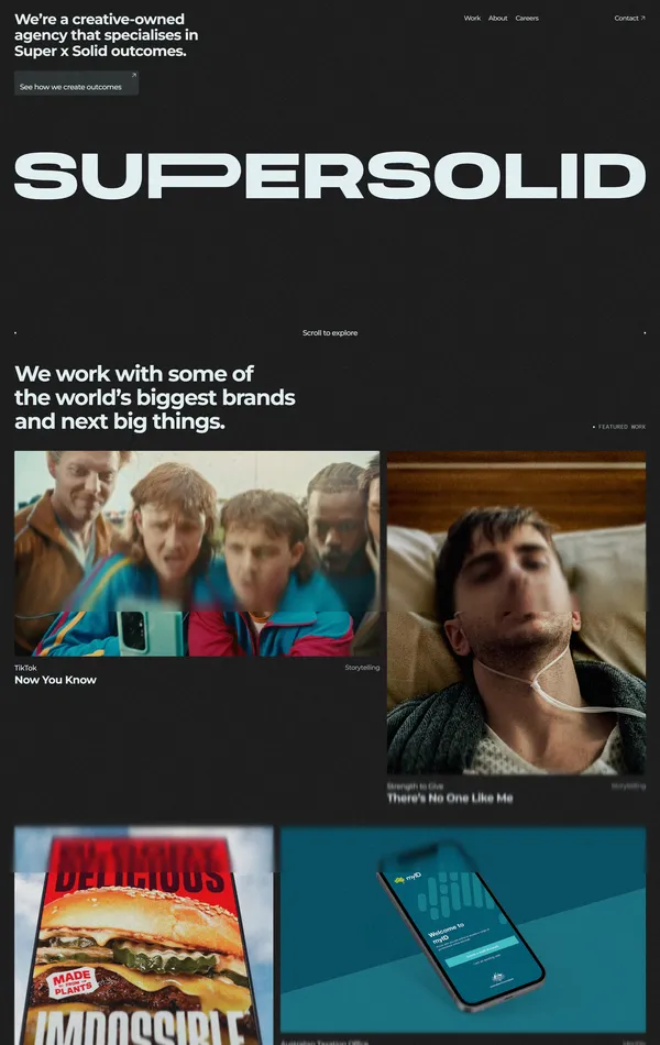 Главная Supersolid, тематика — Агентство , цвета — Белый, Черный, Серый, стиль — Минимализм, Брутализм, типографика — Без засечек