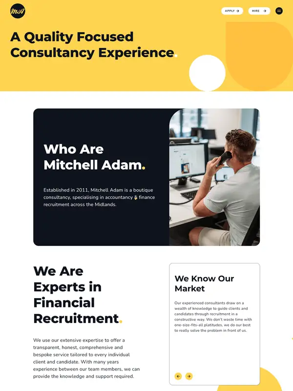 Страница о компании Mitchell Adam, тематика — Финансы, цвета — Белый, Черный, Серый, стиль — Карточный, Минимализм, типографика — Без засечек