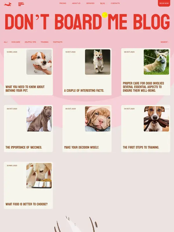 Блог Don't Board Me, тематика — Домашние животные, цвета — Белый, стиль — Карточный, Брутализм, типографика — Без засечек, Декоративные