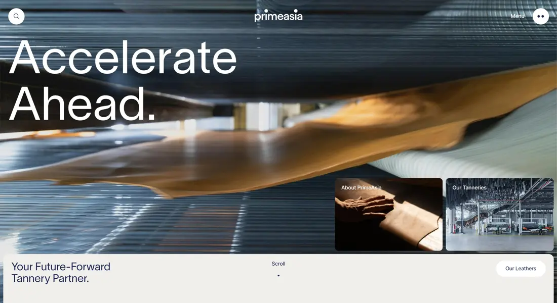 Секция «Первый экран» с сайта https://www.primeasialeather.com/, тематика — Производство, цвета — Белый, Черный, Серый, стиль — Корпоративный, Минимализм, типографика — Без засечек