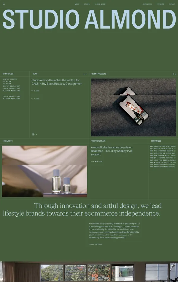 Главная Studio Almond, тематика — Дизайн, Бизнес и профессиональные услуги, цвета — Черный, Серый, Зеленый, стиль — Корпоративный, Минимализм, типографика — Без засечек
