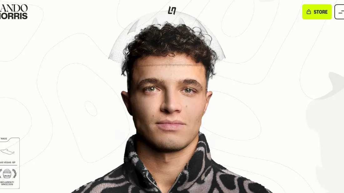 Секция «Первый экран» с сайта https://landonorris.com/, тематика — Развлечения, цвета — Белый, стиль — Корпоративный, Минимализм, типографика — Без засечек