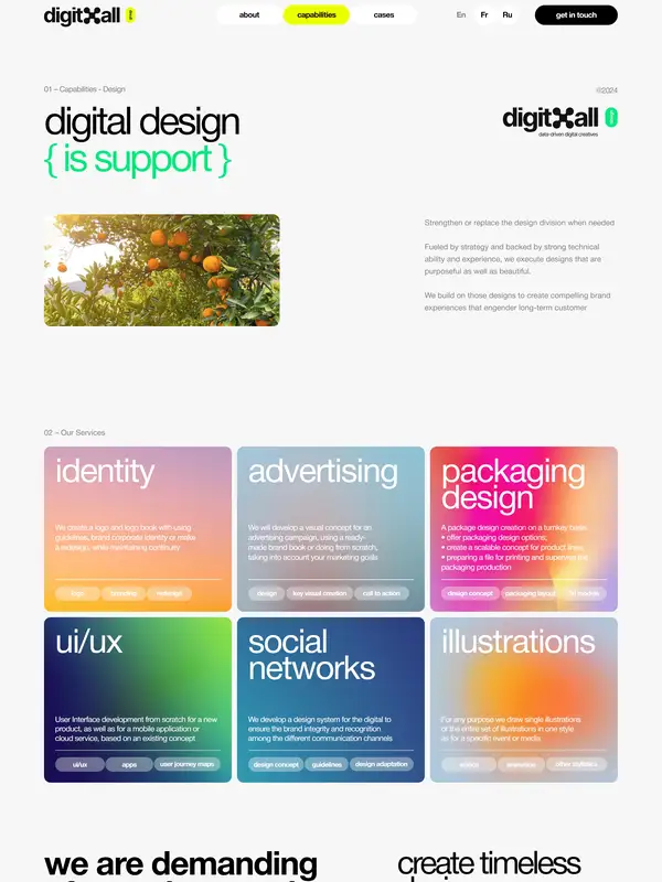 Страница о компании Digitall Group, тематика — Дизайн, цвета — Белый, Серый, стиль — Карточный, Минимализм, типографика — Без засечек, Декоративные