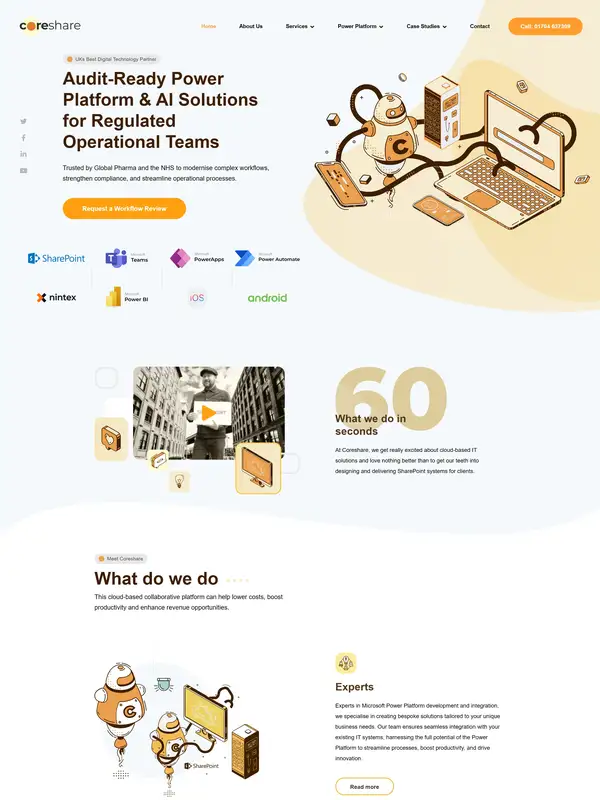 Главная Coreshare, тематика — IT и программное обеспечение, цвета — Белый, Оранжевый, стиль — Рисованный, Корпоративный, Минимализм, типографика — Без засечек, Декоративные