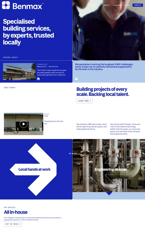 Главная Benmax, тематика — Строительство, цвета — Белый, Серый, Синий, стиль — Корпоративный, типографика — Без засечек