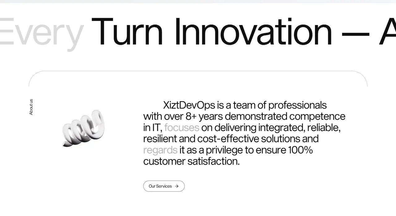 Секция «О компании» с сайта https://xiztdevops.com/, тематика — IT и программное обеспечение, цвета — Белый, Серый, стиль — Корпоративный, Минимализм, типографика — Без засечек