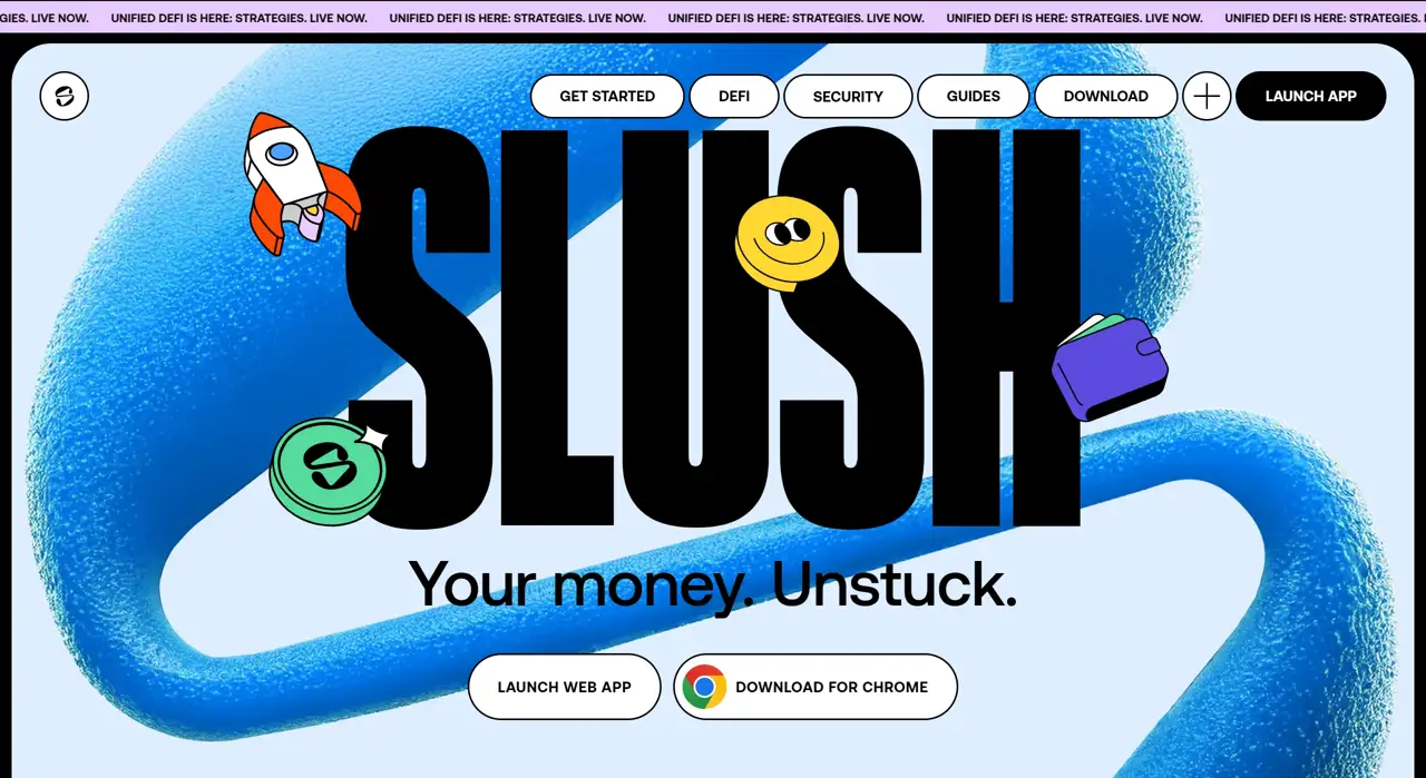 Секция «Первый экран» с сайта https://slush.app/, тематика — Крипто  и блокчейн, цвета — Белый, Черный, Синий, стиль — Брутализм, типографика — Декоративные