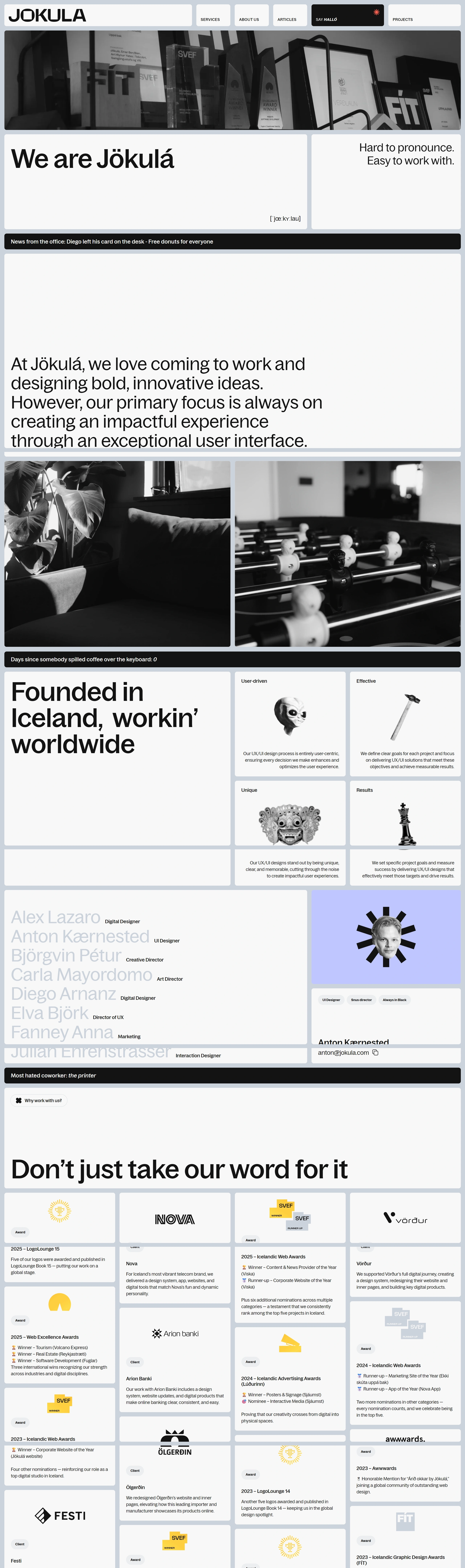 Jokula Страница о компании Jokula, тематика — Дизайн, цвета — Белый, Черный, Серый, стиль — Минимализм, Брутализм, типографика — Без засечек, Декоративные