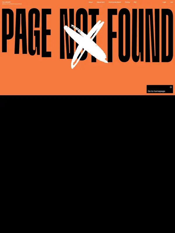 404-страница FOLLOW.ART, тематика — Искусство, цвета — Черный, Оранжевый, Коричневый, стиль — Брутализм, типографика — Декоративные