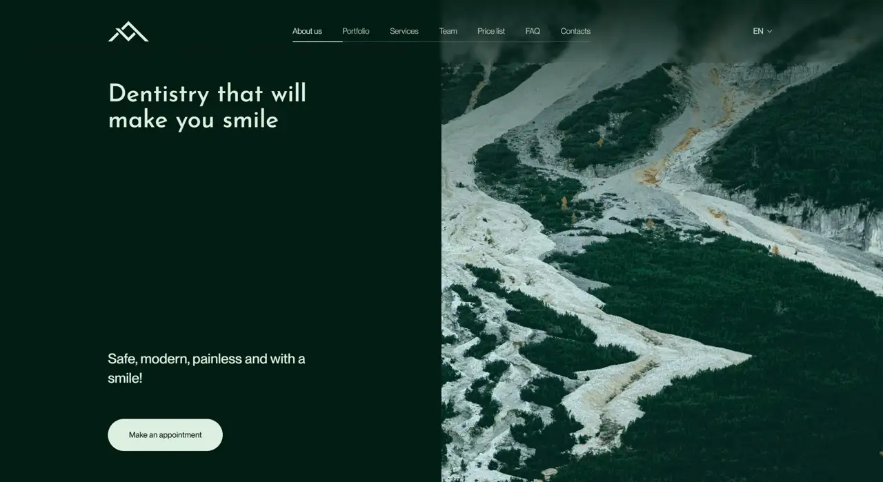 Секция «Первый экран» с сайта https://lavadental.lv/en, тематика — Здоровье и фитнес, цвета — Черный, Серый, стиль — Корпоративный, Минимализм, типографика — Без засечек