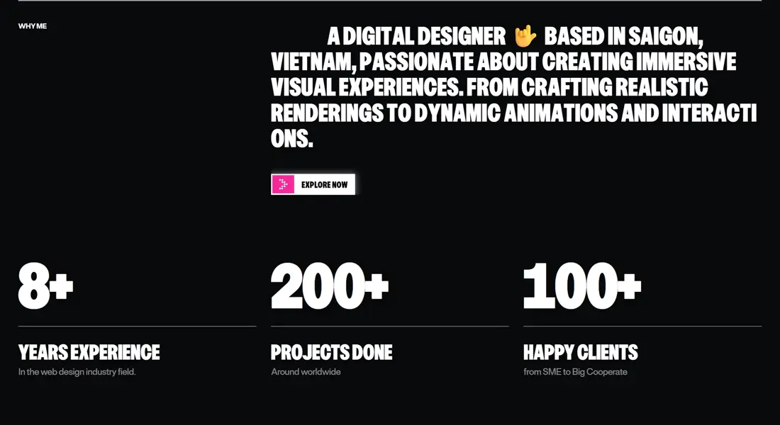 Секция «Преимущества» с сайта https://www.sunhung.net/, тематика — Дизайн, цвета — Черный, стиль — Минимализм, Брутализм, типографика — Без засечек