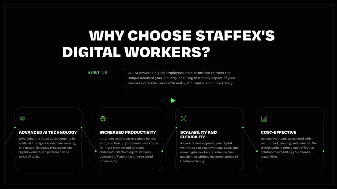 Секция «Преимущества» с сайта https://www.staffex-ai.com/index.html#mobile-app, тематика — IT и программное обеспечение, цвета — Черный, стиль — Корпоративный, Минимализм, типографика — Без засечек
