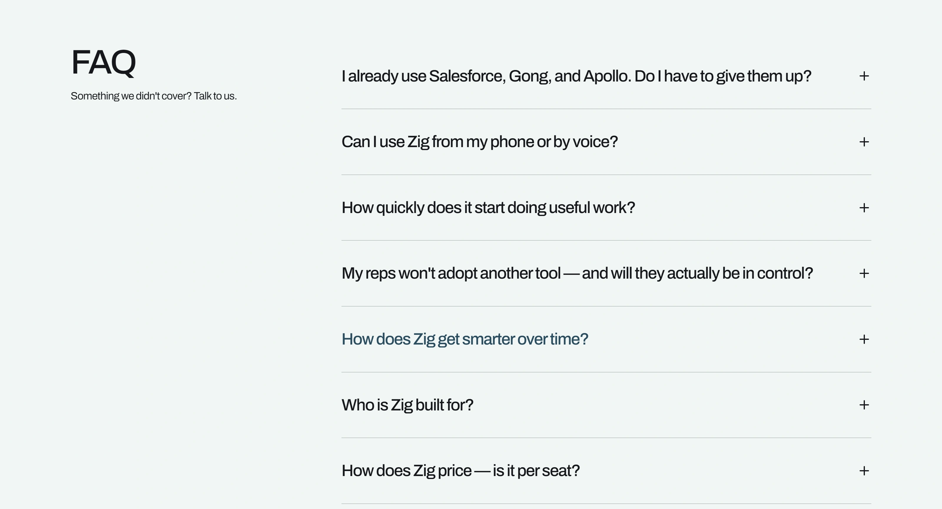 Zig Секция «FAQ» с сайта https://zig.ai/, тематика — SaaS, цвета — Белый, стиль — Корпоративный, Минимализм, типографика — Без засечек