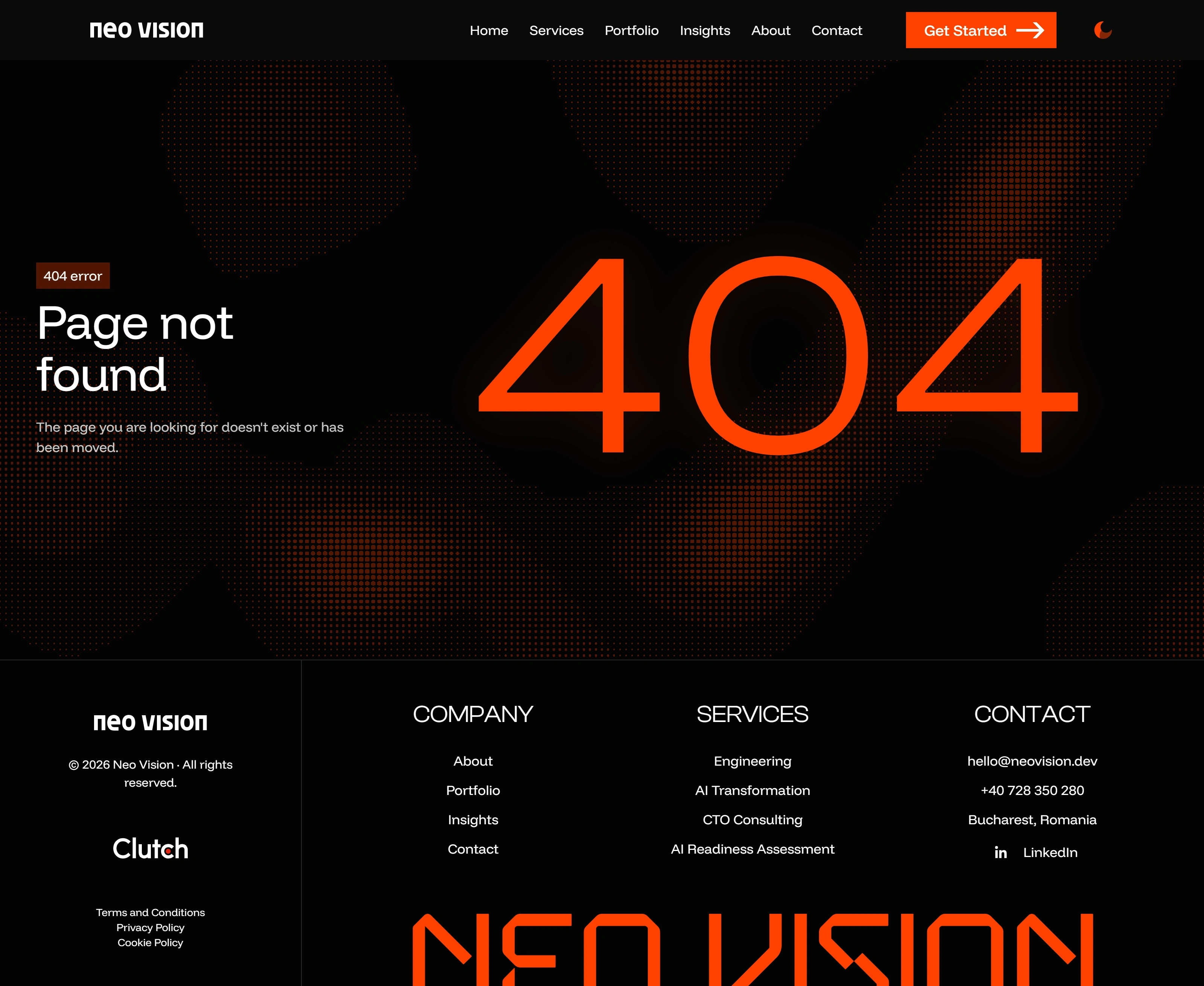 Neo Vision 404-страница Neo Vision, тематика — IT и программное обеспечение, цвета — Черный, стиль — Корпоративный, Минимализм, типографика — Без засечек, Декоративные