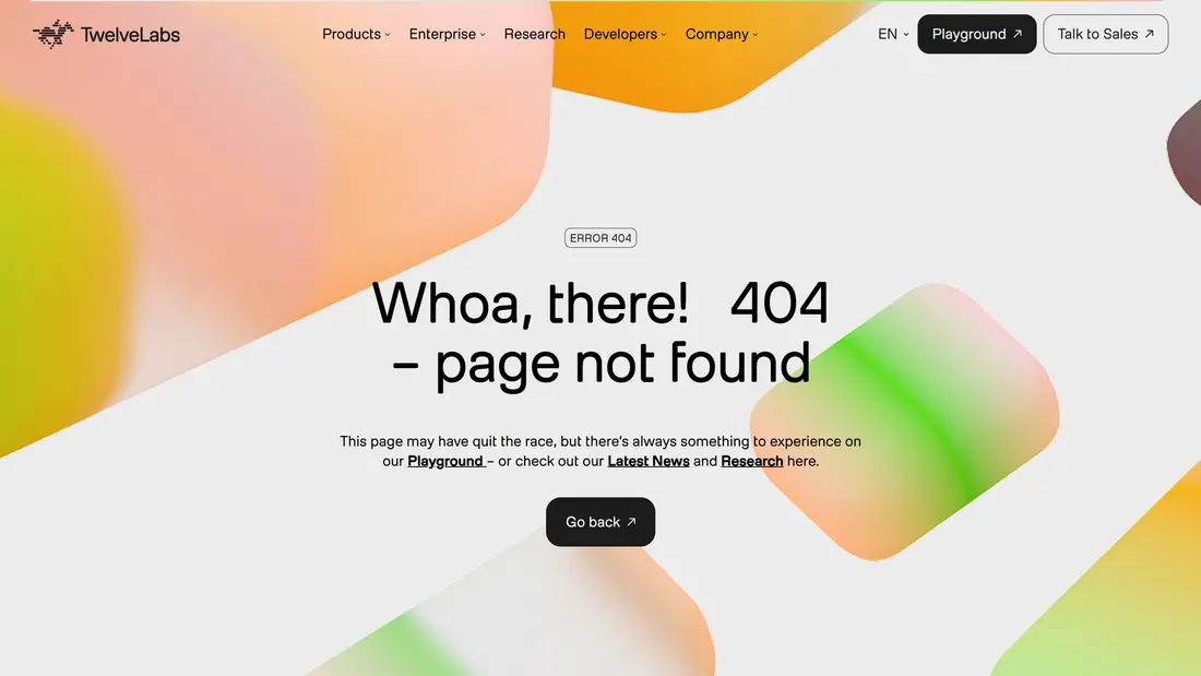 404-страница TwelveLabs, тематика — IT и программное обеспечение, цвета — Белый, Желтый, стиль — Минимализм, типографика — Без засечек