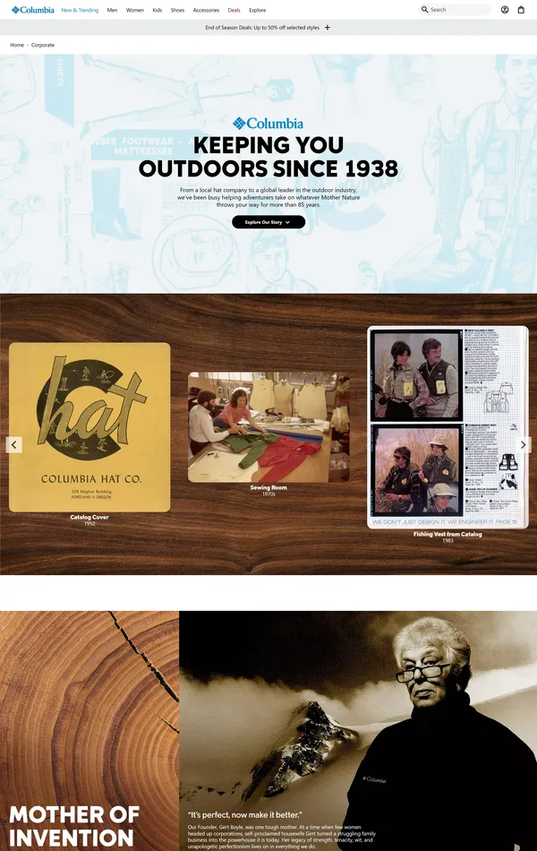 Страница о компании Columbia Sportswear, тематика — Интернет-магазин, Одежда, цвета — Белый, Черный, Серый, Коричневый, стиль — Корпоративный, типографика — Без засечек