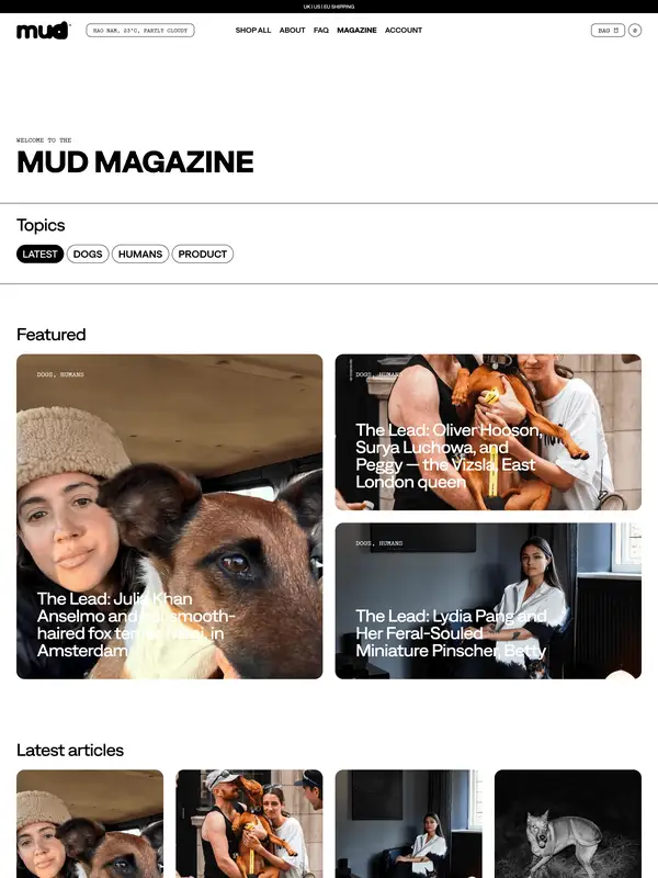 Блог mud, тематика — Домашние животные, цвета — Белый, Черный, Серый, стиль — Карточный, Минимализм, типографика — Без засечек
