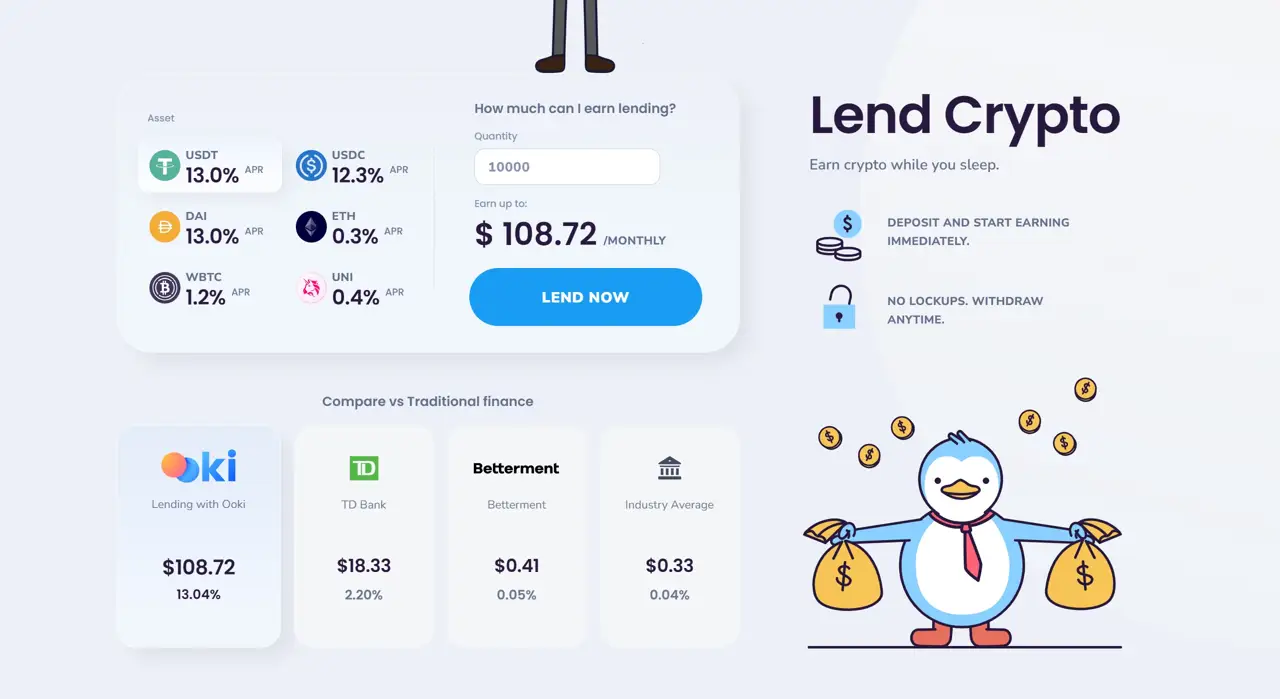 Секция «Призыв к действию» с сайта https://ooki.zajno.com/, тематика — Крипто  и блокчейн, цвета — Белый, стиль — Плоский, Карточный, типографика — Без засечек, Декоративные