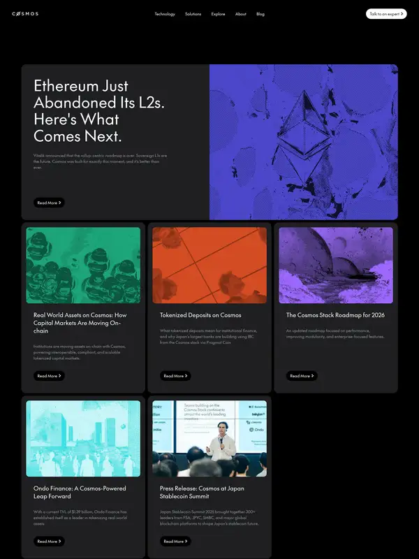 Блог Cosmos, тематика — Крипто  и блокчейн, цвета — Черный, стиль — Карточный, Минимализм, типографика — Без засечек