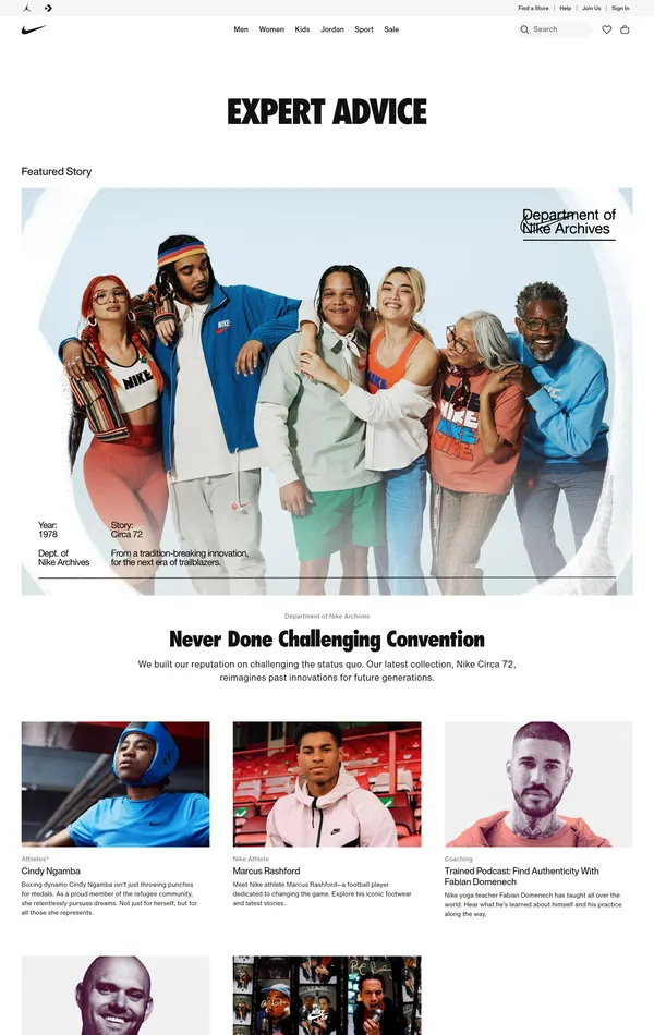 Блог Nike, тематика — Интернет-магазин, цвета — Белый, Серый, стиль — Корпоративный, Карточный, типографика — Без засечек