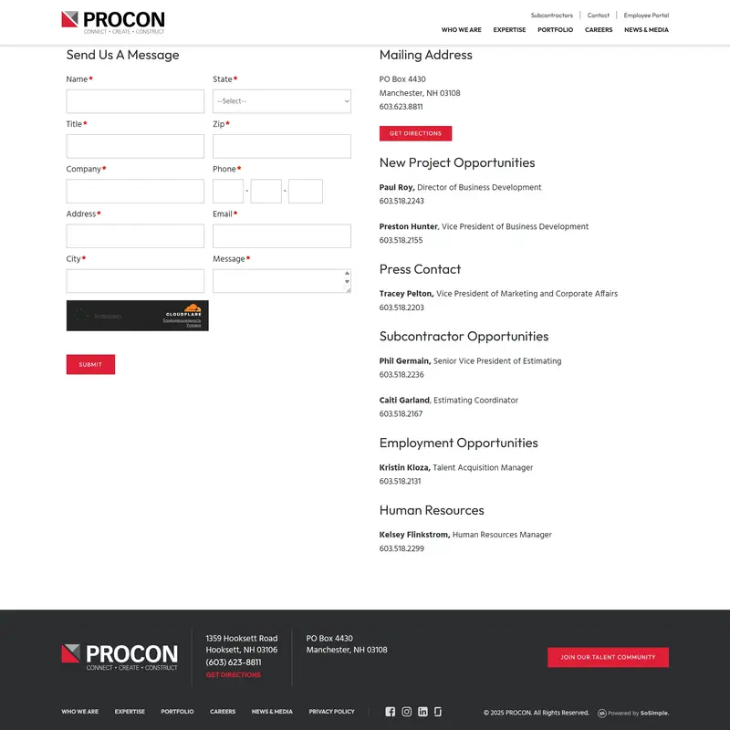 Секция «Контакты» с сайта https://proconinc.com/, тематика — Строительство, цвета — Белый, Черный, стиль — Корпоративный, Минимализм, типографика — Без засечек