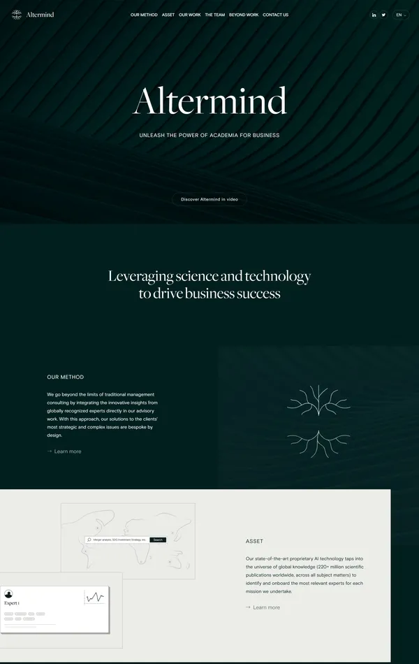 Главная Altermind, тематика — Бизнес и профессиональные услуги, цвета — Белый, Черный, стиль — Классический, Корпоративный, типографика — С засечками, Без засечек