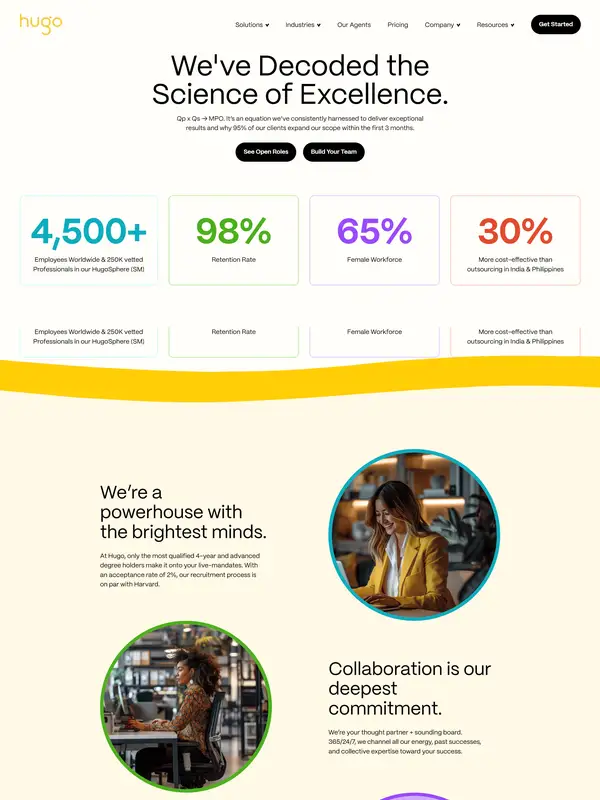 Страница о компании Hugo Inc., тематика — SaaS, цвета — Белый, Серый, стиль — Корпоративный, Минимализм, типографика — Без засечек