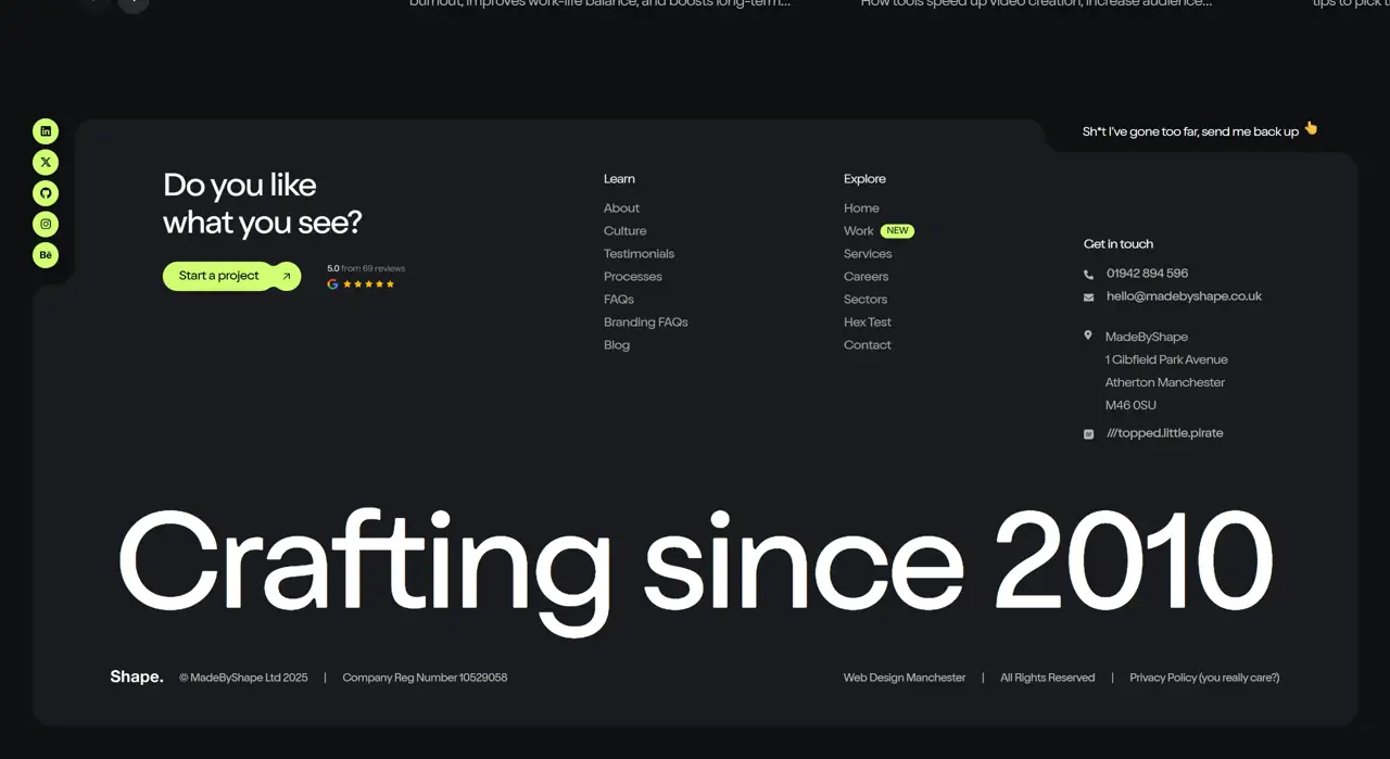 Секция «Футер» с сайта https://madebyshape.co.uk/, тематика — Агентство , цвета — Черный, стиль — Корпоративный, Минимализм, типографика — Без засечек