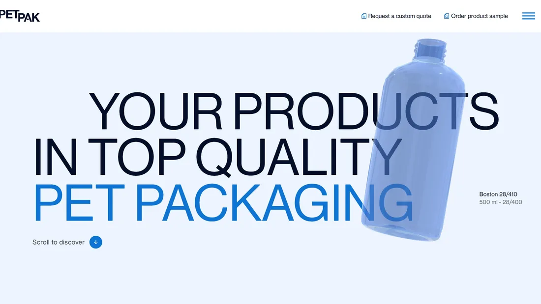 Секция «Первый экран» с сайта https://petpak.si/, тематика — Производство, цвета — Белый, Серый, стиль — Корпоративный, Минимализм, типографика — Без засечек