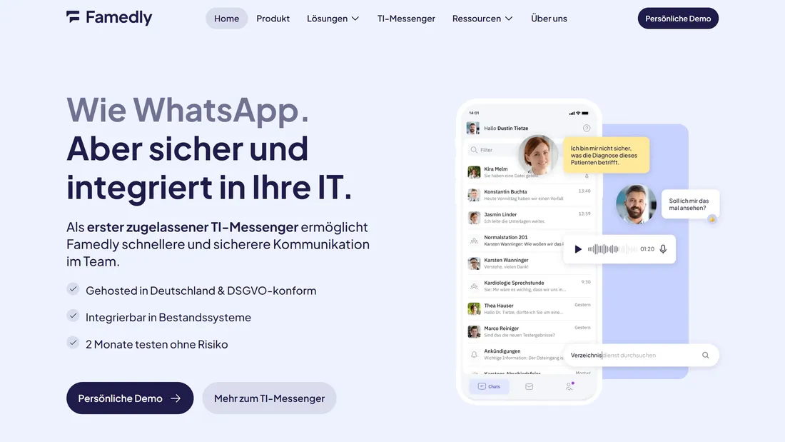 Секция «Первый экран» с сайта https://www.famedly.com/, тематика — IT и программное обеспечение, цвета — Белый, стиль — Корпоративный, Минимализм, типографика — Без засечек