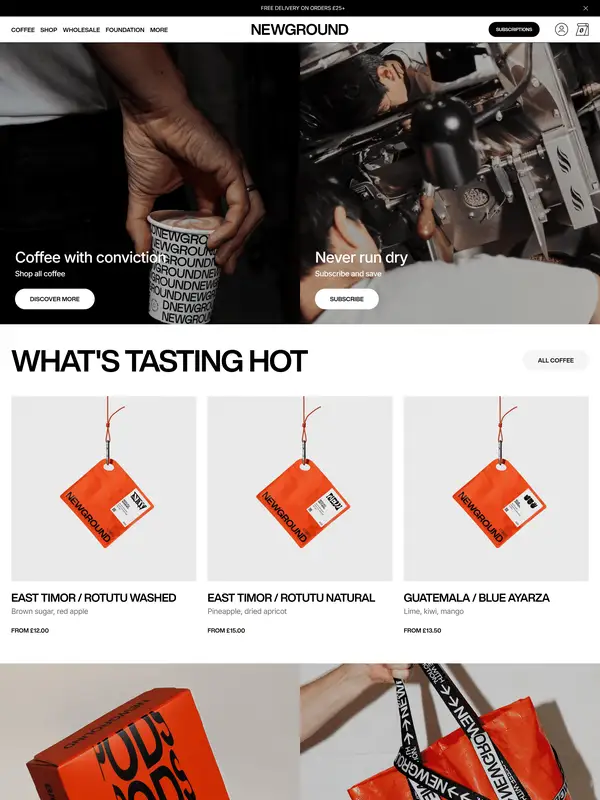Главная NewGround Coffee, тематика — Еда и напитки, цвета — Белый, Черный, Серый, стиль — Минимализм, Брутализм, типографика — Без засечек, Декоративные