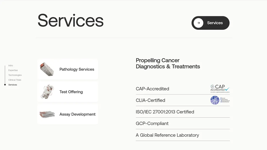 Секция «Услуги» с сайта https://www.hematogenix.com/, тематика — Здоровье и фитнес, цвета — Белый, стиль — Минимализм, типографика — Без засечек