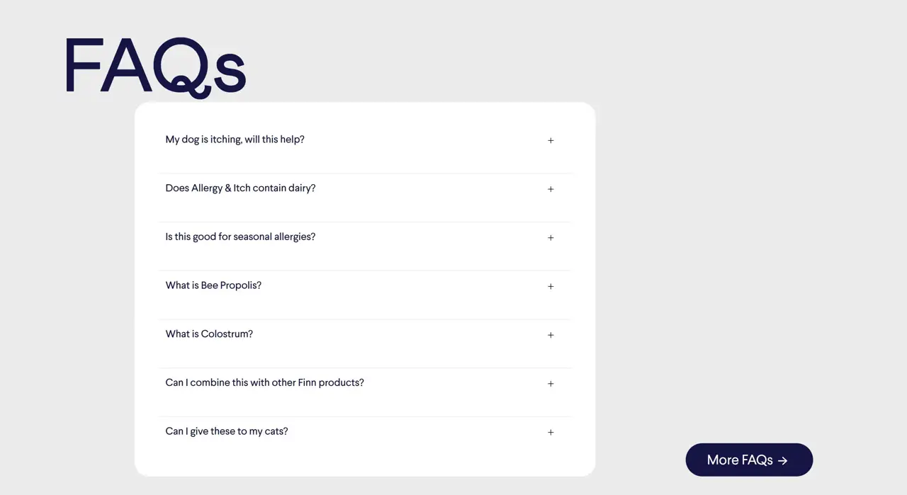 Секция «FAQ» с сайта https://www.petfinn.com/, тематика — Домашние животные, цвета — Белый, стиль — Минимализм, типографика — Без засечек