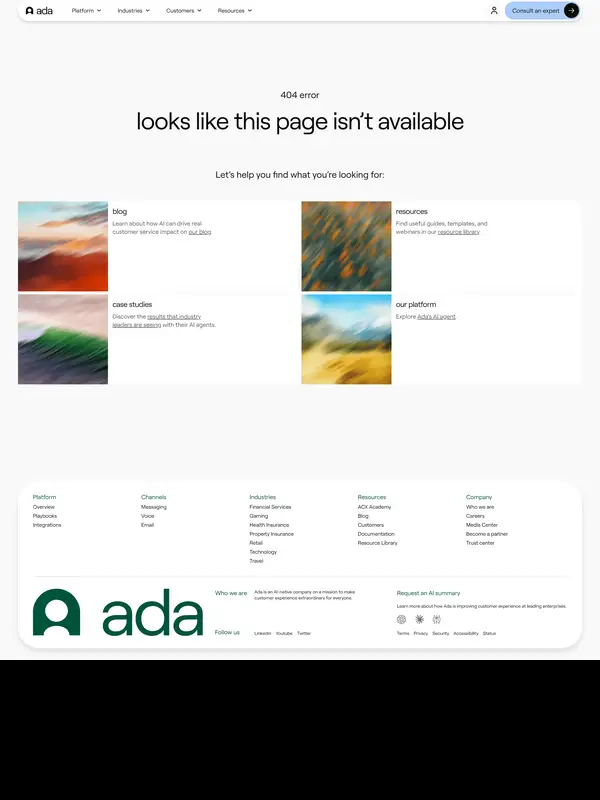 404-страница Ada, тематика — SaaS, цвета — Белый, Серый, стиль — Корпоративный, Минимализм, типографика — Без засечек
