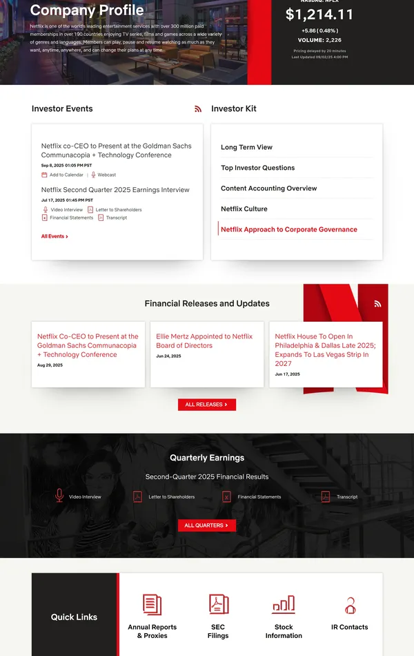 Секция «О компании» с сайта https://www.netflix.com/nl-en/, тематика — Развлечения, цвета — Белый, Черный, стиль — Корпоративный, Минимализм, типографика — Без засечек