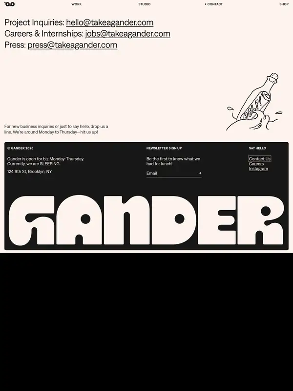 Контакты Gander, тематика — Дизайн, цвета — Белый, Черный, стиль — Минимализм, Типографика, типографика — Без засечек, Декоративные