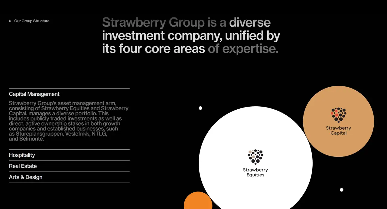 Секция «О компании» с сайта https://www.strawberrygroup.no/, тематика — Бизнес и профессиональные услуги, цвета — Черный, стиль — Корпоративный, Минимализм, типографика — Без засечек